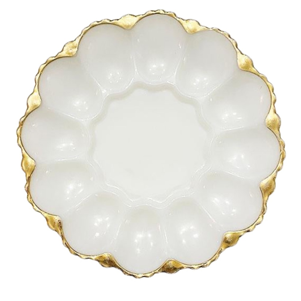 Egg plater Vtg Anchor Hocking Milk Glass 12 Deviled Egg Plate
Gold Trim Ornate